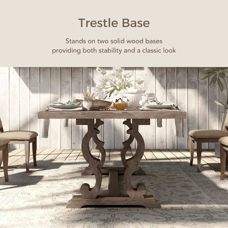 Tavolo da pranzo rustico in legno allungabile con base a cavalletto intagliata, tonalità naturale