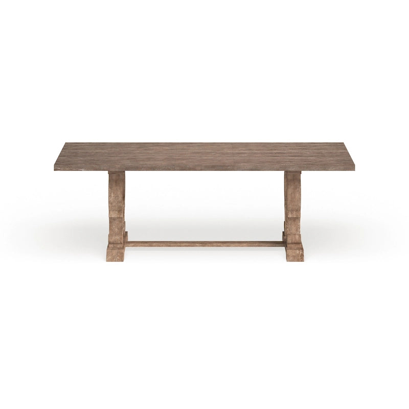 Tavolo da pranzo rustico in legno allungabile con base a cavalletto intagliata, tonalità naturale