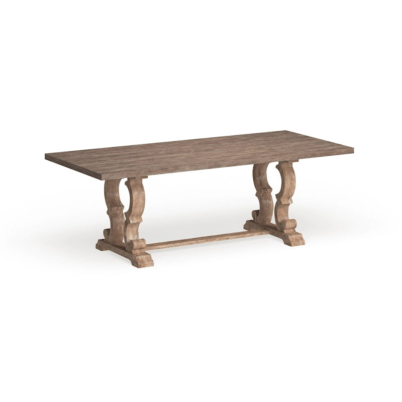 Tavolo da pranzo rustico in legno allungabile con base a cavalletto intagliata, tonalità naturale