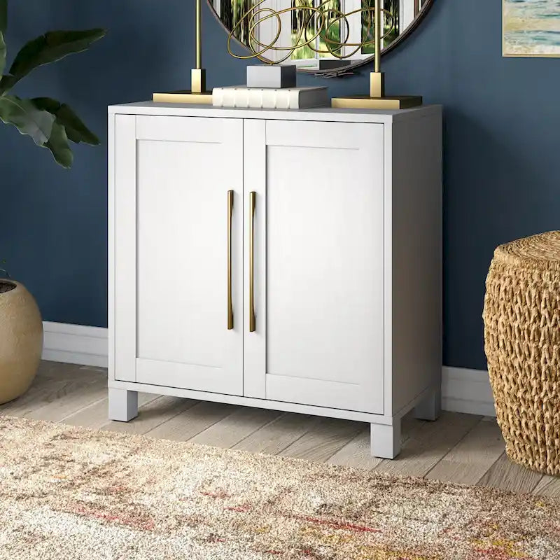 Mobiletto d'accento da 28 pollici con effetto venatura del legno, doppie ante e maniglie dorate