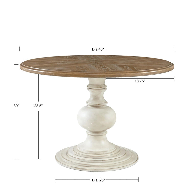 Tavolo da pranzo rotondo con base a piedistallo scultorea, noce di recupero e finitura color crema anticato