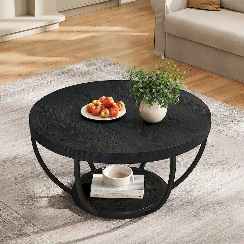 Tavolino da caffè rotondo a 2 livelli con ripiano aperto portaoggetti, finitura rovere e struttura in metallo nero
