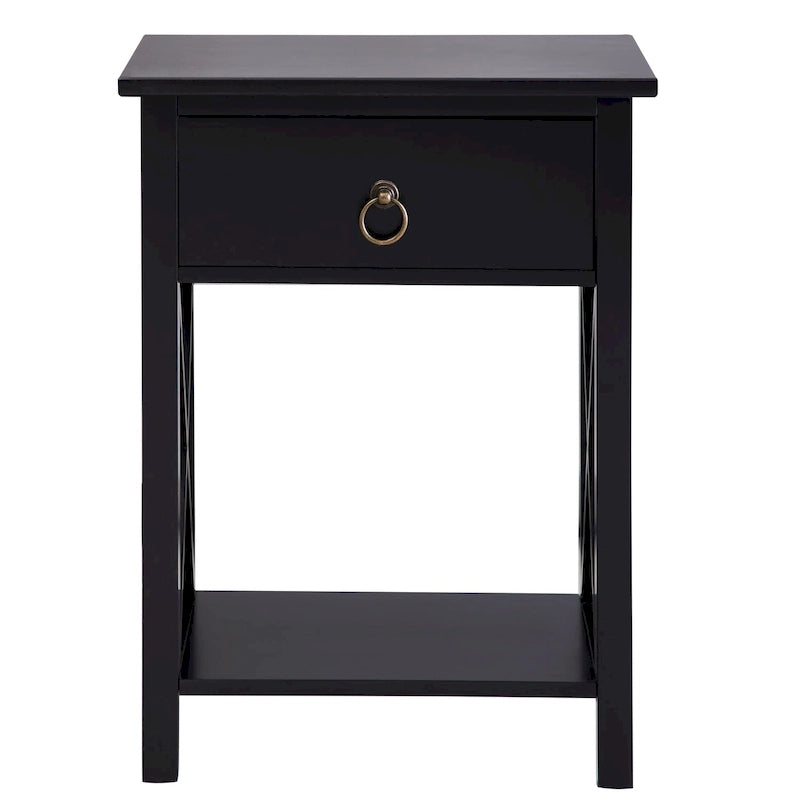 Comodino in legno con cassetto, ripiano aperto e struttura laterale a X
