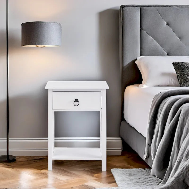 Comodino in legno con cassetto, ripiano aperto e struttura laterale a X