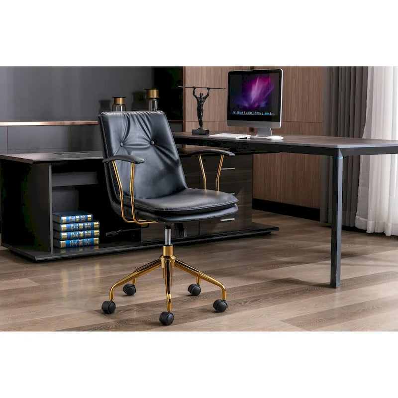 Sedia da ufficio in pelle PU con base a rotelle cromata color oro, stile moderno e glamour