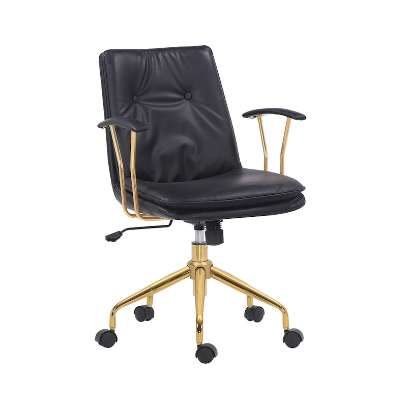 Sedia da ufficio in pelle PU con base a rotelle cromata color oro, stile moderno e glamour