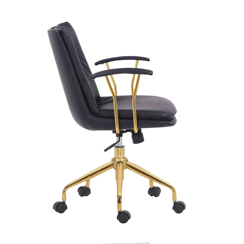 Sedia da ufficio in pelle PU con base a rotelle cromata color oro, stile moderno e glamour