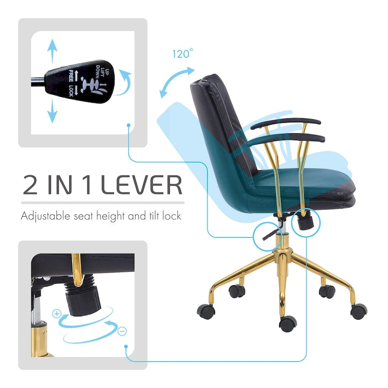 Sedia da ufficio in pelle PU con base a rotelle cromata color oro, stile moderno e glamour