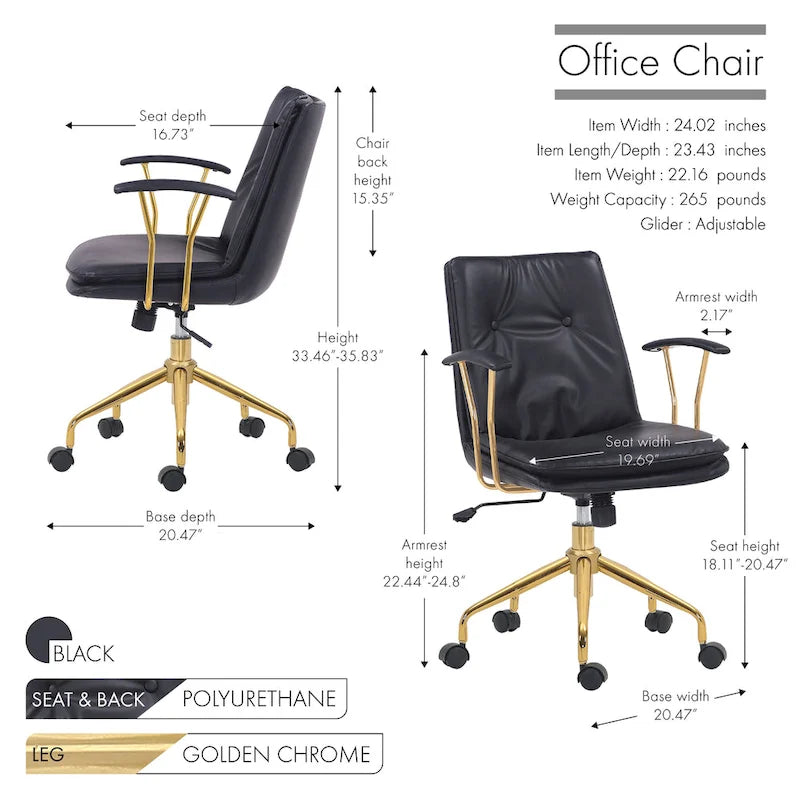 Sedia da ufficio in pelle PU con base a rotelle cromata color oro, stile moderno e glamour