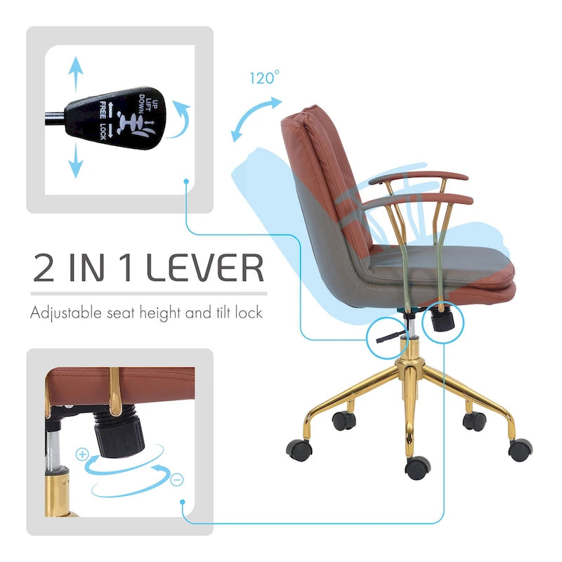 Sedia da ufficio in pelle PU con base a rotelle cromata color oro, stile moderno e glamour