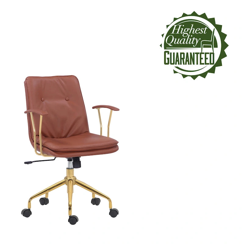 Sedia da ufficio in pelle PU con base a rotelle cromata color oro, stile moderno e glamour