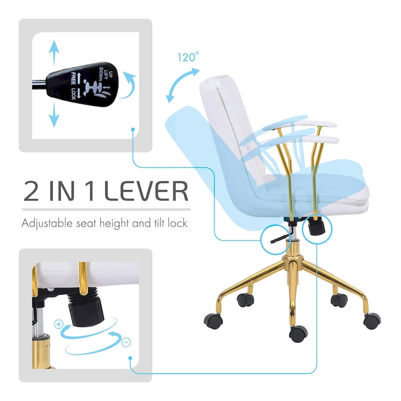 Sedia da ufficio in pelle PU con base a rotelle cromata color oro, stile moderno e glamour
