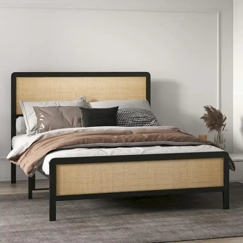 Struttura Letto con Testiera in Rattan, Nessuna Rete a Molle Necessaria