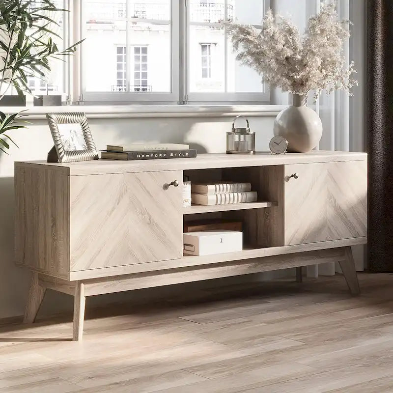 Mobile TV a spina di pesce con gambe in legno e ripiani aperti, beige