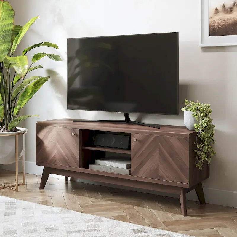 Mobile TV a spina di pesce con gambe in legno e ripiani aperti, beige