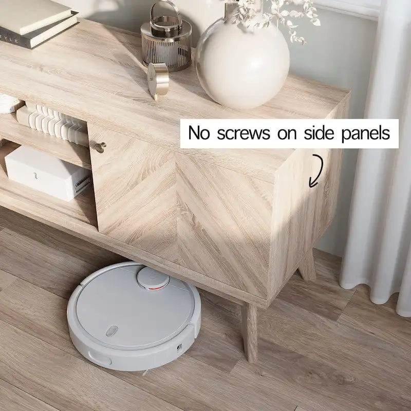 Mobile TV a spina di pesce con gambe in legno e ripiani aperti, beige