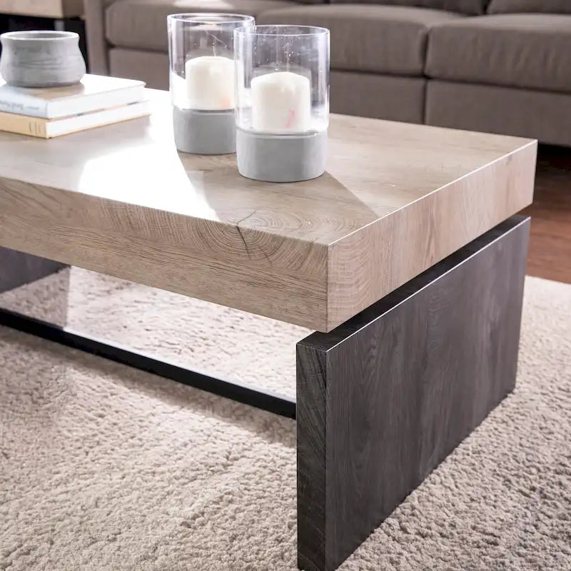 Tavolino da caffè rettangolare bicolore in legno naturale e nero, stile moderno rustico