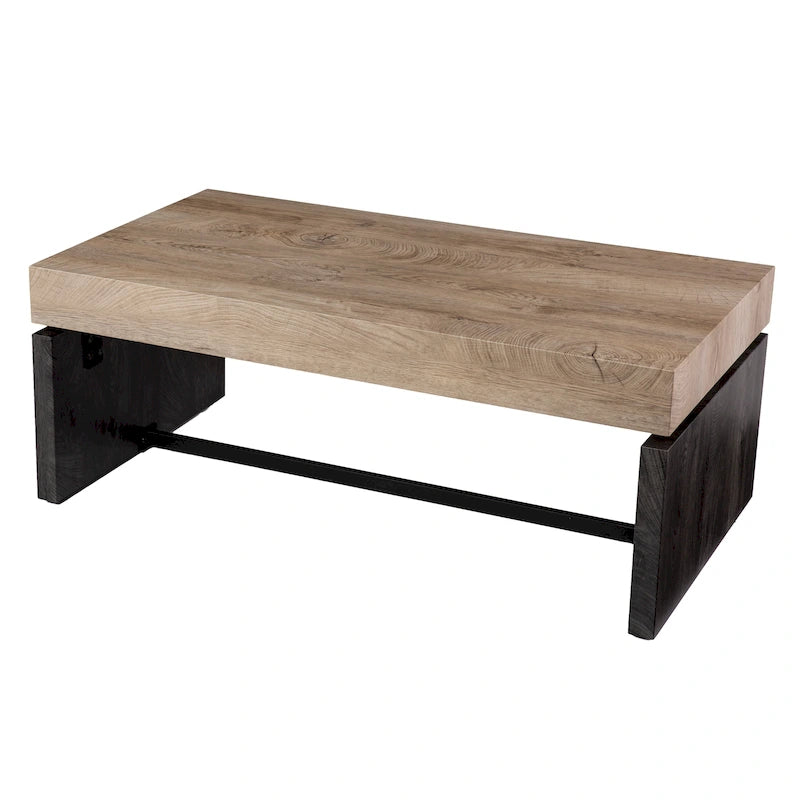 Tavolino da caffè rettangolare bicolore in legno naturale e nero, stile moderno rustico