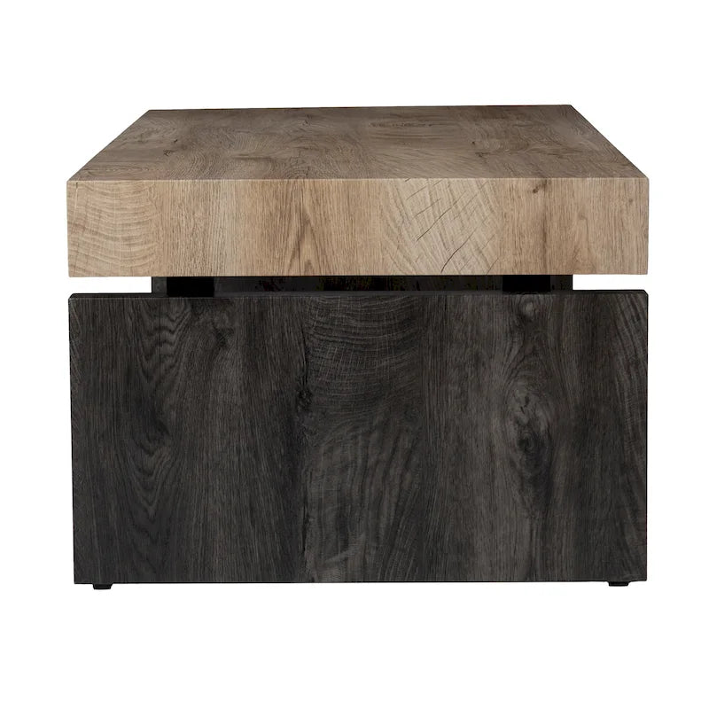 Tavolino da caffè rettangolare bicolore in legno naturale e nero, stile moderno rustico