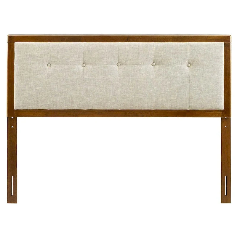 Testiera Queen Size in Legno di Noce Trapuntata con Bottoni in Tessuto Beige Tradizionale Marlin