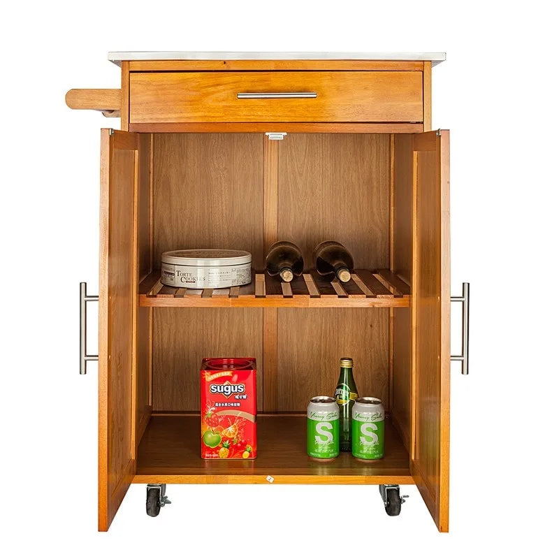 Carrello da Cucina Portatile Sapele in Legno di Gomma con Piano in Acciaio Inox