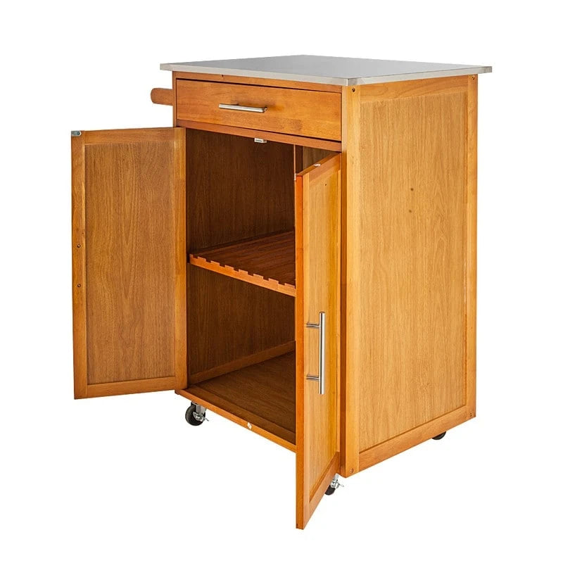 Carrello da Cucina Portatile Sapele in Legno di Gomma con Piano in Acciaio Inox