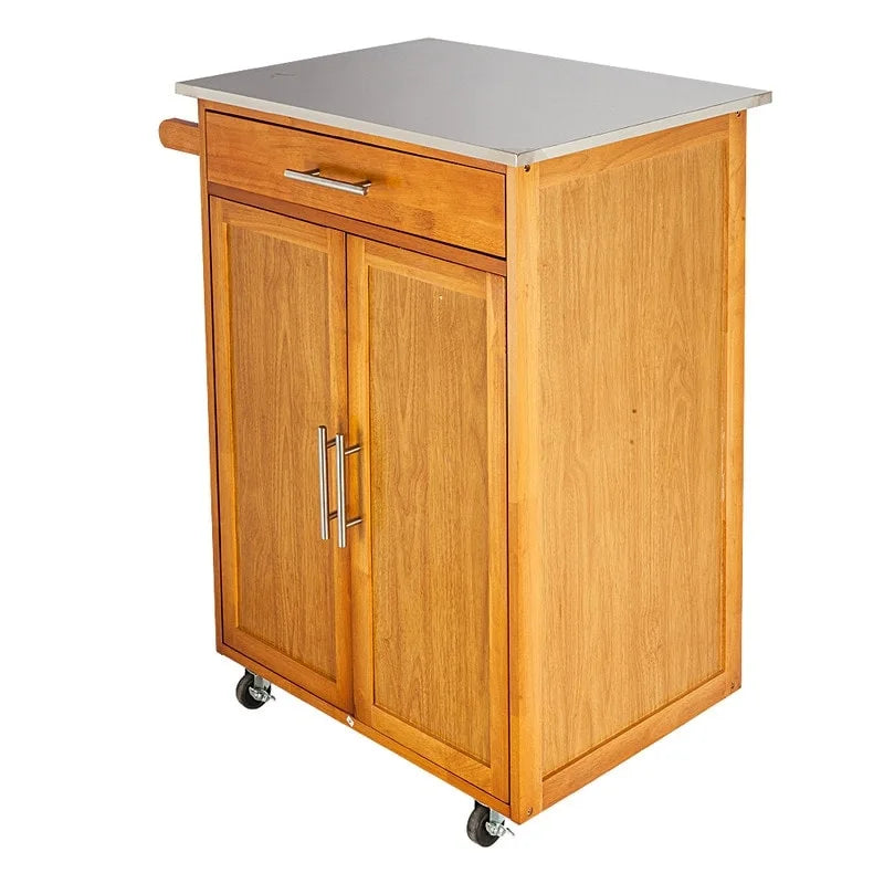 Carrello da Cucina Portatile Sapele in Legno di Gomma con Piano in Acciaio Inox