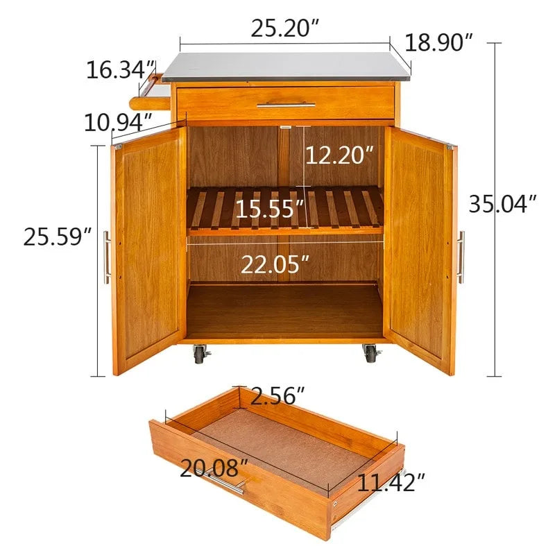 Carrello da Cucina Portatile Sapele in Legno di Gomma con Piano in Acciaio Inox