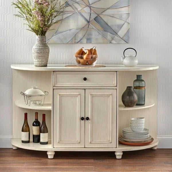Credenza a buffet curva in stile rustico con ripiani aperti e finitura anticata