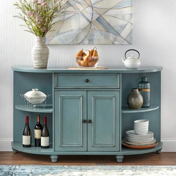Credenza a buffet curva in stile rustico con ripiani aperti e finitura anticata