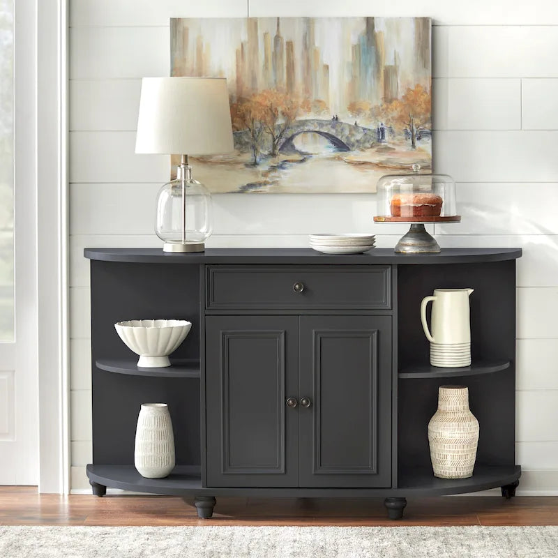 Credenza a buffet curva in stile rustico con ripiani aperti e finitura anticata