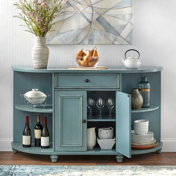 Credenza a buffet curva in stile rustico con ripiani aperti e finitura anticata