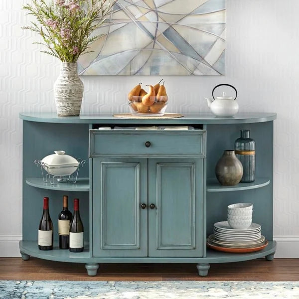 Credenza a buffet curva in stile rustico con ripiani aperti e finitura anticata
