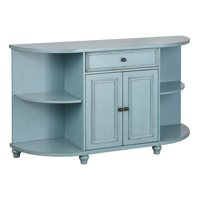 Credenza a buffet curva in stile rustico con ripiani aperti e finitura anticata