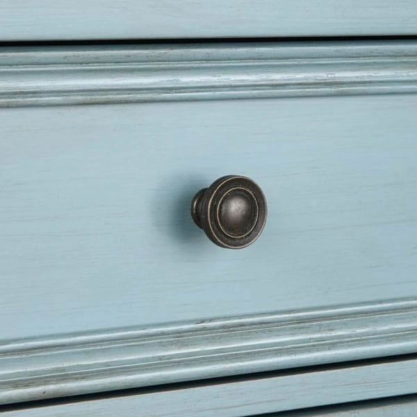 Credenza a buffet curva in stile rustico con ripiani aperti e finitura anticata