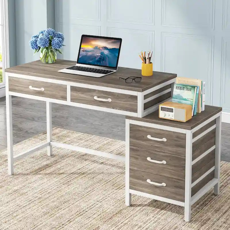 Reversible Computer Desk with 5 Drawers, Home Office Desk with File Cabinet Drawer Printer Stand