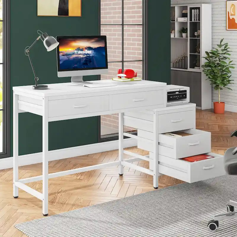 Scrivania per computer a 5 cassetti con contenitore per documenti reversibile, struttura in metallo, grigia e bianca
