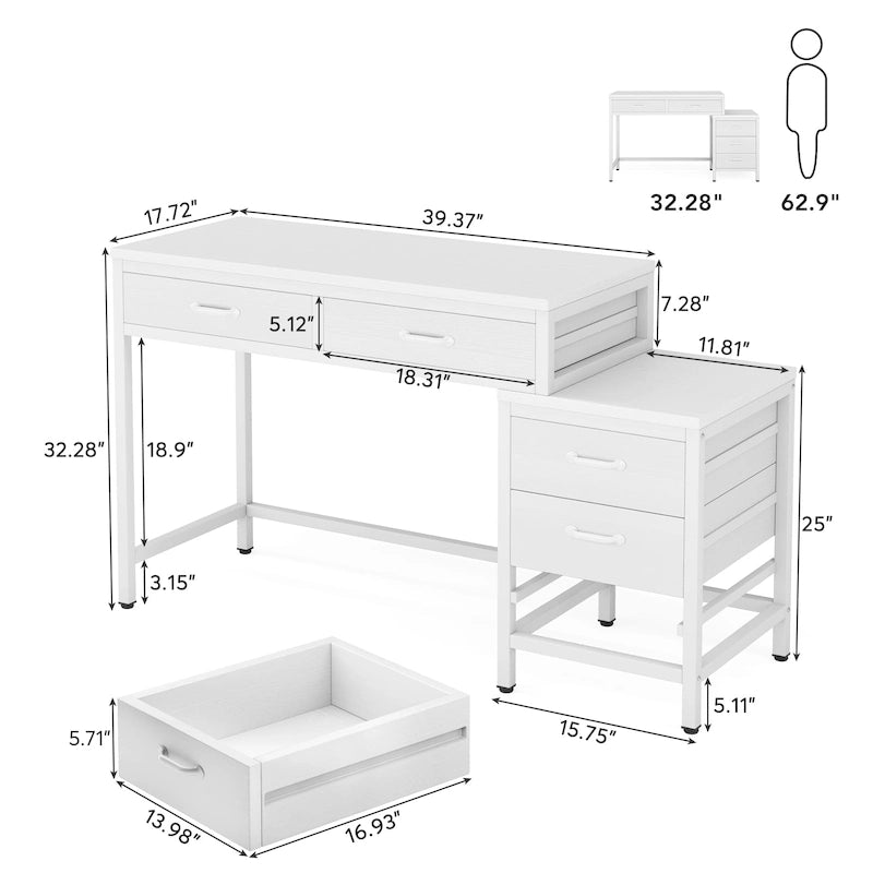 Scrivania per computer a 5 cassetti con contenitore per documenti reversibile, struttura in metallo, grigia e bianca