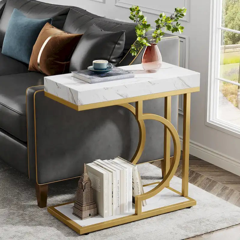 Tavolino stretto bianco e oro Tavolino a C Comodino moderno