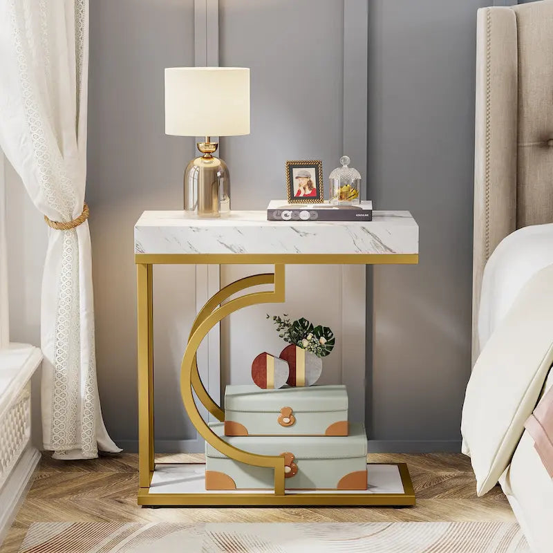 Tavolino stretto bianco e oro Tavolino a C Comodino moderno