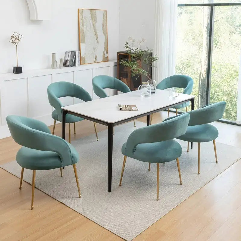 Sedia da pranzo moderna di metà secolo in velluto imbottito, con schienale aperto e gambe in metallo dorato