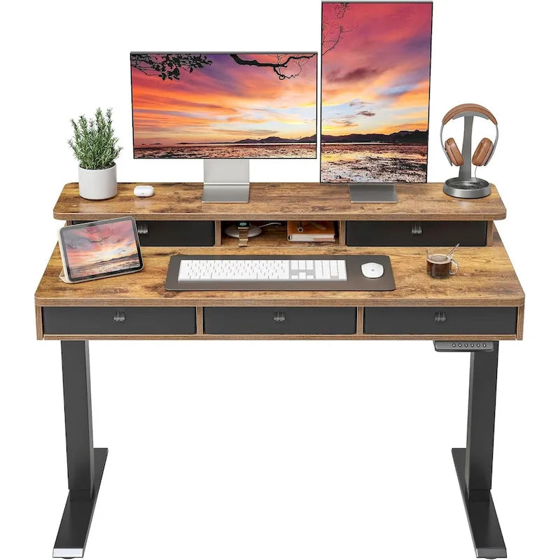 Scrivania elettrica ad altezza regolabile con cassetti e ripiano per monitor, marrone rustico