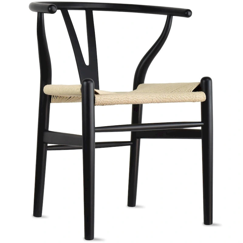 Sedia da pranzo moderna con seduta in corda di carta intrecciata, sedia laterale con schienale a Y e braccioli in legno massello in stile rustico