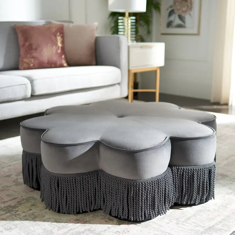 Pouf in velluto con frange a forma di fiore, design con petali trapuntati, per soggiorno