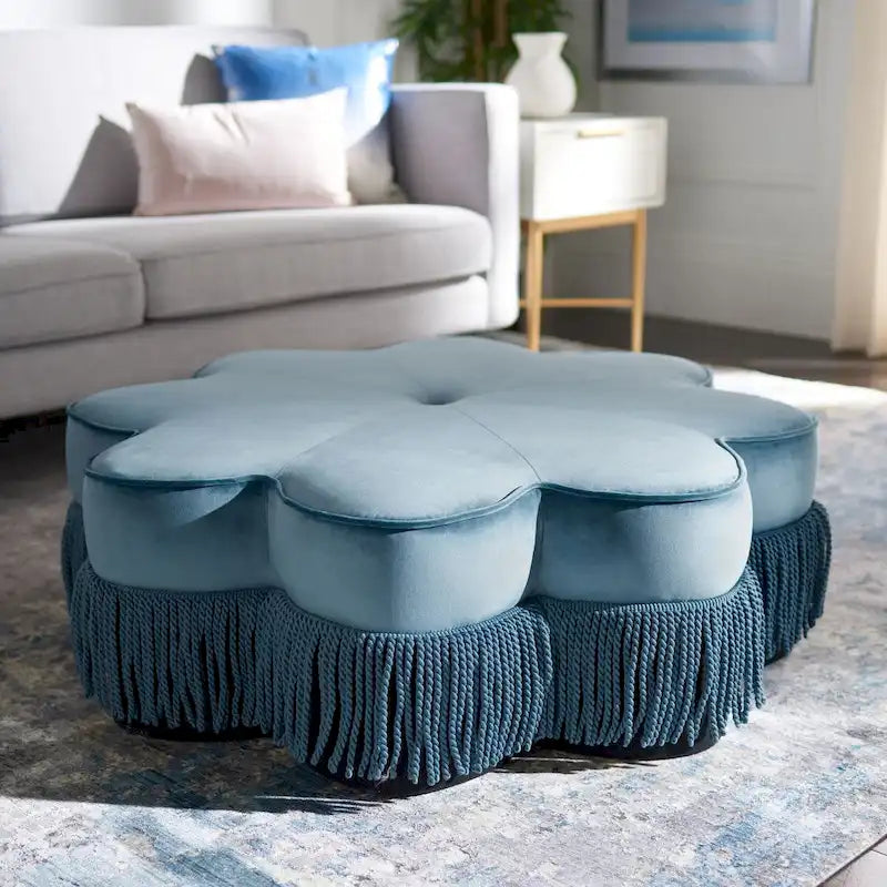 Pouf in velluto con frange a forma di fiore, design con petali trapuntati, per soggiorno