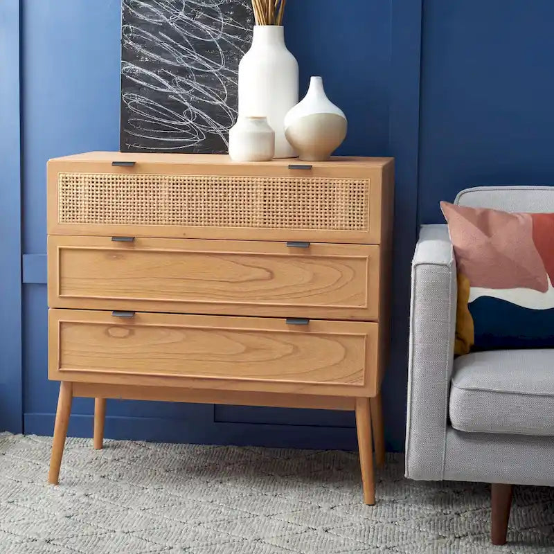 Cassettiera Mid-Century Modern in Rattan a 3 Cassetti, Comò da Camera da Letto 36x18x36 Pollici