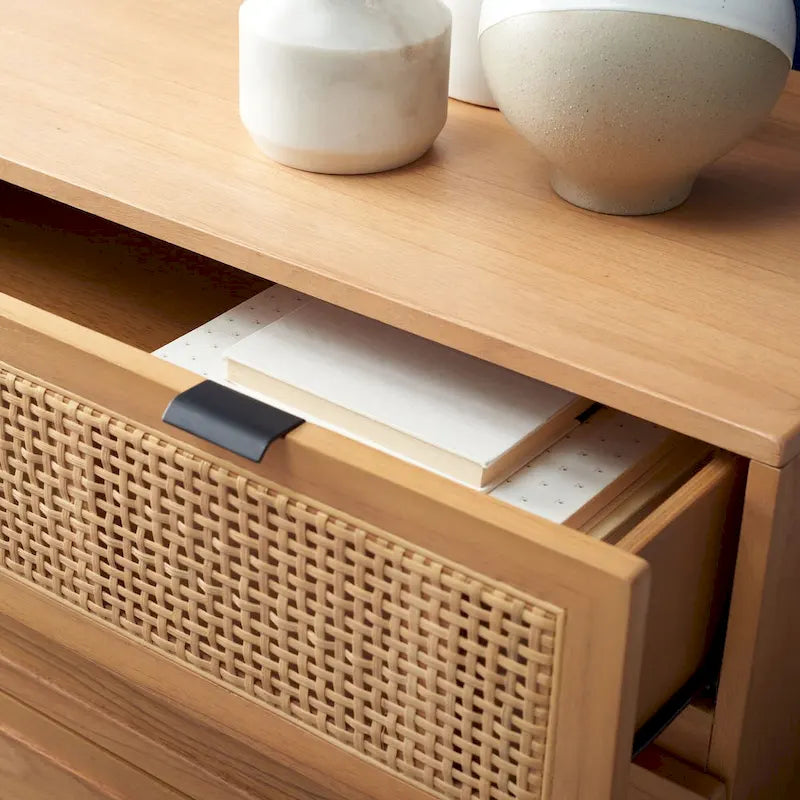 Cassettiera Mid-Century Modern in Rattan a 3 Cassetti, Comò da Camera da Letto 36x18x36 Pollici
