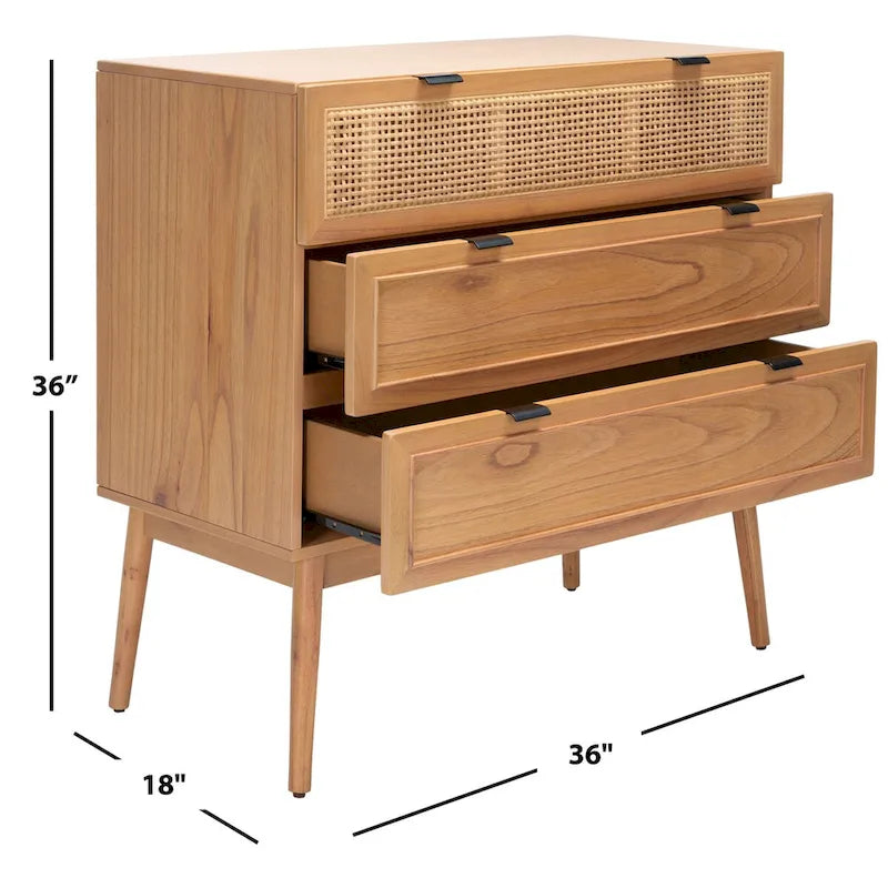 Cassettiera Mid-Century Modern in Rattan a 3 Cassetti, Comò da Camera da Letto 36x18x36 Pollici