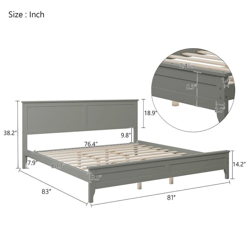 Letto a piattaforma king-size in legno con testiera e pediera, supporto con doghe in legno