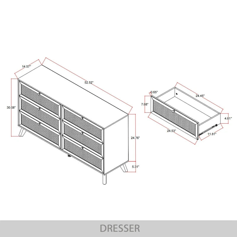 Cassettiera moderna di metà secolo nera in canna con 6 cassetti e gambe in legno